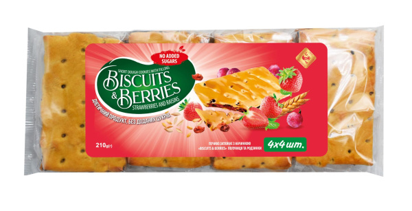 Печиво затяжне з начинкою "BISCUITS & BERRIES" полуниця та родзинки, 210г
