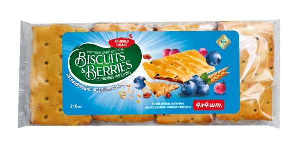 Печиво затяжне з начинкою "BISCUITS & BERRIES" чорниця та родзинки, 210г